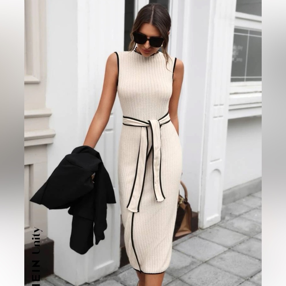 SHEIN Unity Ribbed Knit Contrast Binding Belted Tank Dress